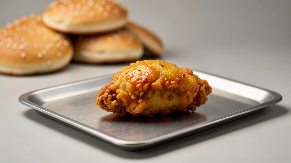 Sade bir zeminde kızarmış tavuk sepeti ve yanında duran hamburger ekmeği; arka planda bulanık restoran tezgahı