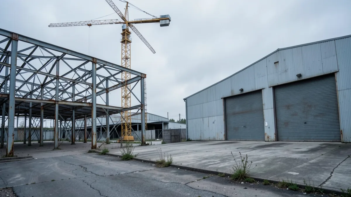 İnşaat halindeki fabrikanın çelik iskeleti ve kule vinçleri; önünde boş beton saha
