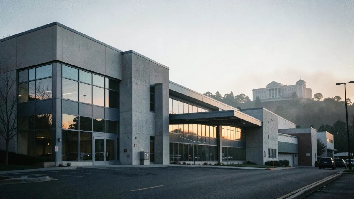 Kaliforniya'da bir fabrika ve arka planda mahkeme binası silüeti, Tesla'nın Oakland'daki davasına editoryal gönderme