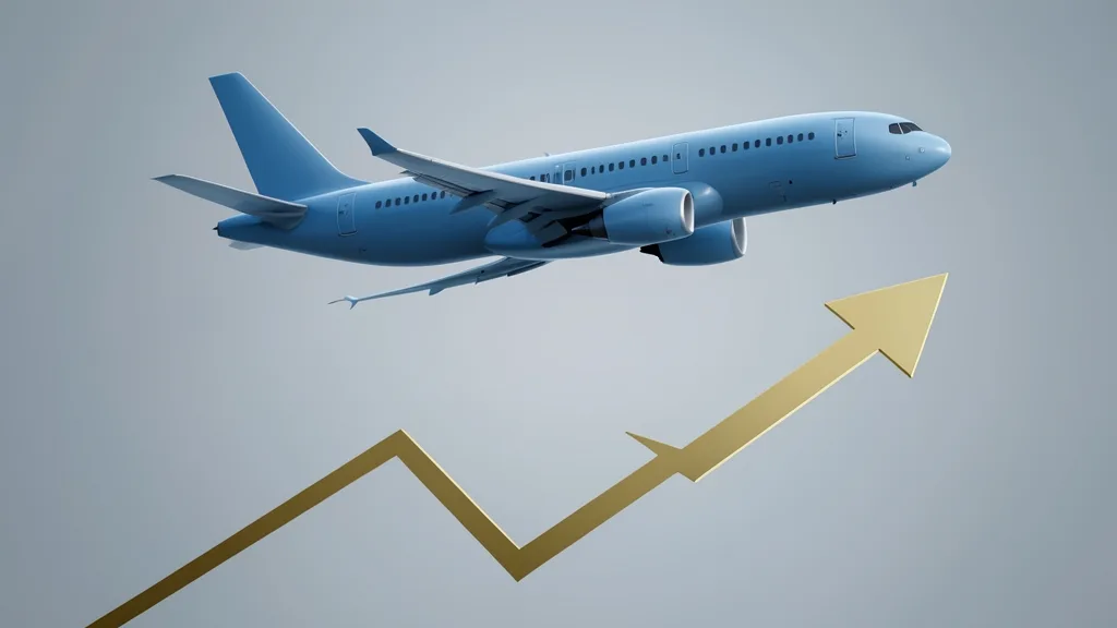 Boeing uçak silüeti ve finansal grafikler üzerinde yükselen ok illüstrasyonu
