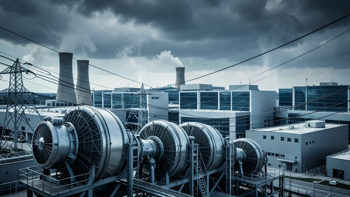 Endüstriyel gaz türbinleri ve soğutma kulelerinin görüldüğü modern yapay zeka veri merkezi kampüsü