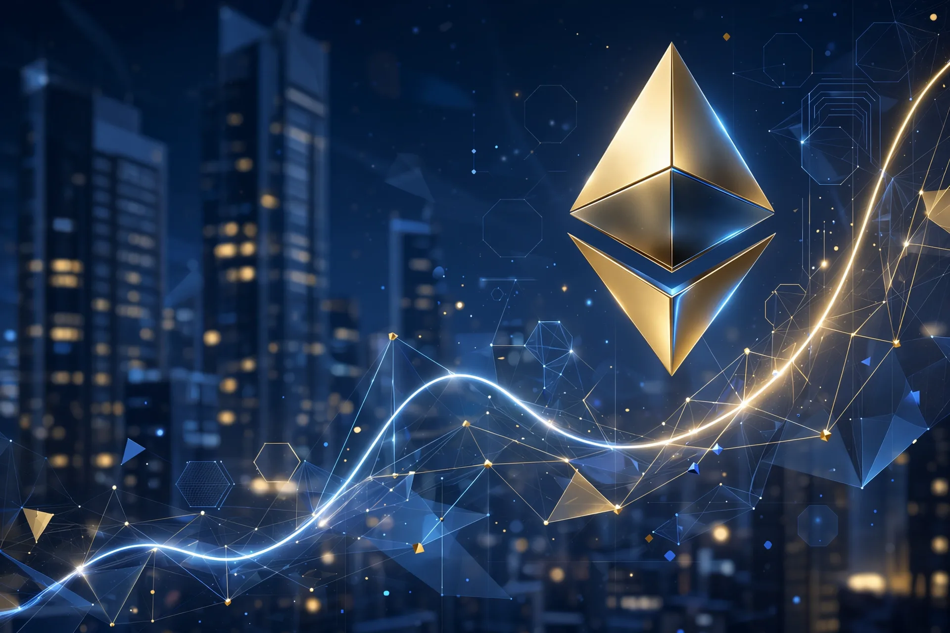 Yükselen hisse grafiği ve Ethereum sembolü ile soyut finans sahnesi