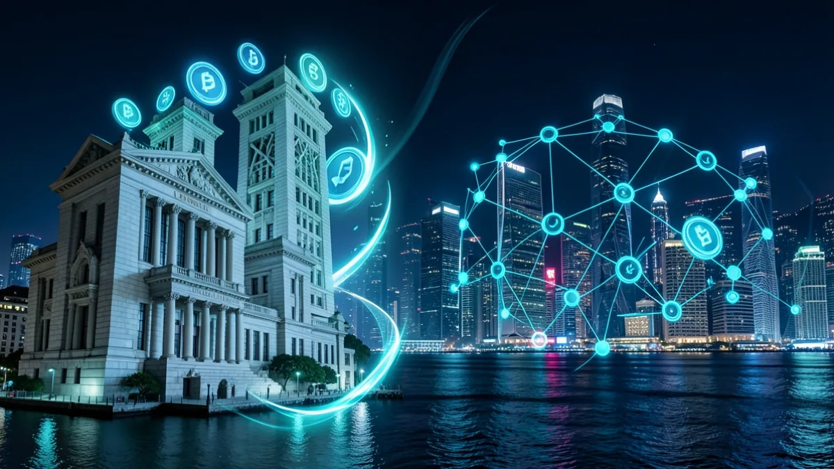 Geleneksel bankacılık ve blockchain ağını birbirine bağlayan dijital para akışını gösteren illüstrasyon