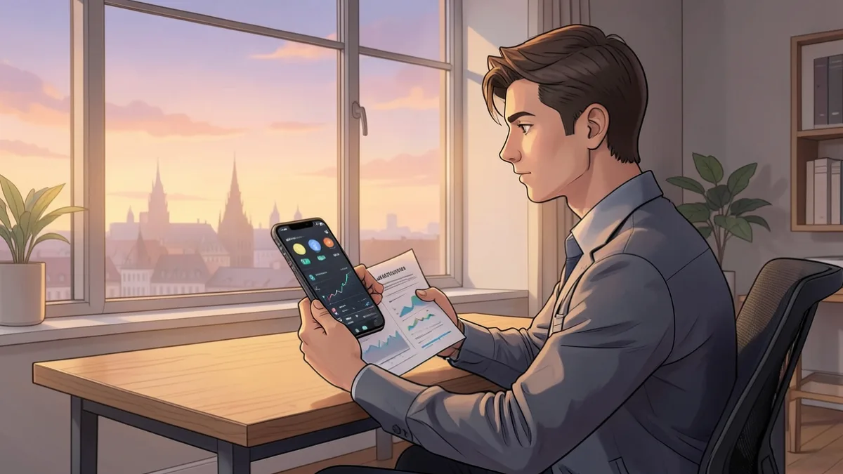 Genç bir yatırımcı telefonundaki kripto portföyü ile emeklilik belgelerini karşılaştırıyor.