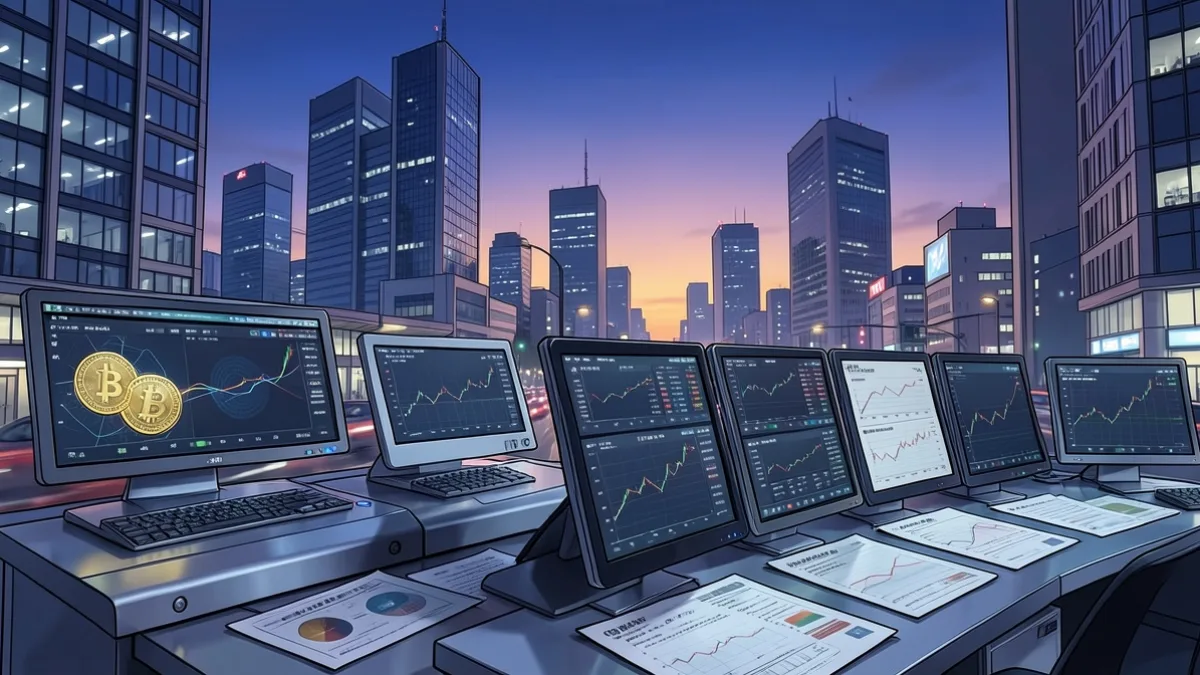 Bitcoin tahvili ihraç eden Japon şirketin finansal tabloları ve düşen hisse grafiklerinin göründüğü ekranlar