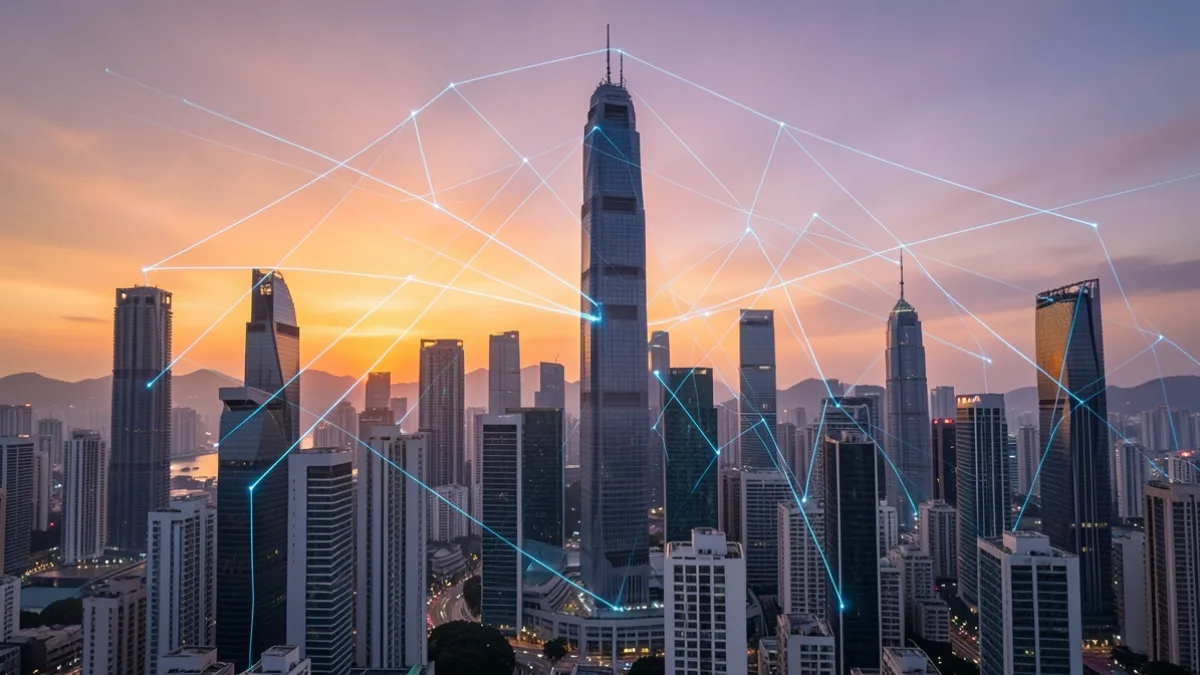 Hong Kong silüeti üzerinde doğrulayıcı altyapısını temsil eden dijital ağ düğümleri ve bağlantı çizgileri