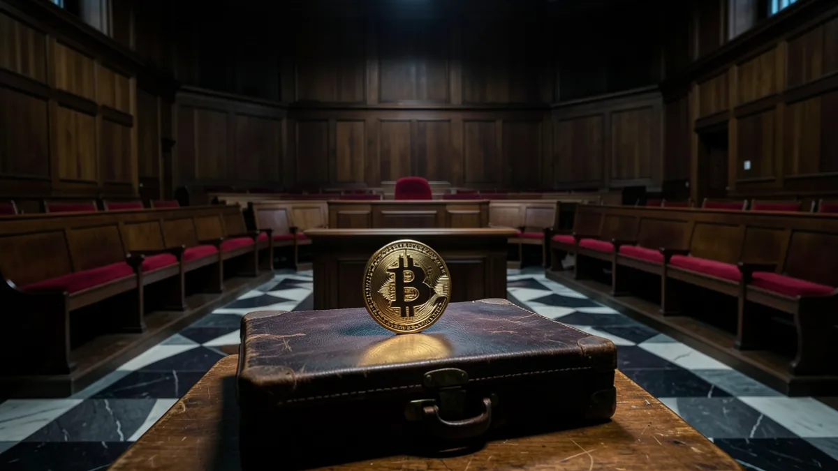 Londra mahkeme salonunda briefcase üzerinde duran Bitcoin madeni parası temsili görsel