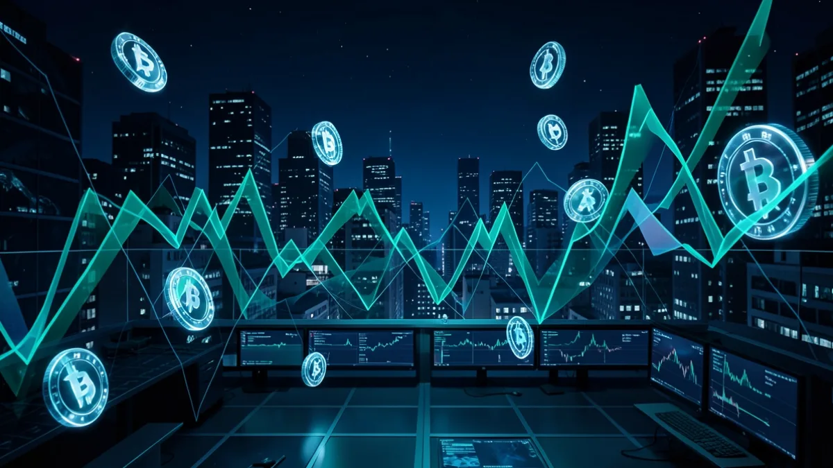 Kripto borsası temasını yansıtan, grafik çizgileri ve dijital coin figürleriyle karanlık mavi tonlarda editoryal görsel.