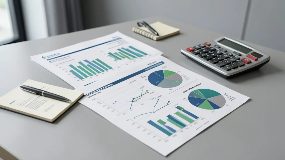 Finansal rapor tabloları ve hesap makinesinin bulunduğu bir çalışma masası