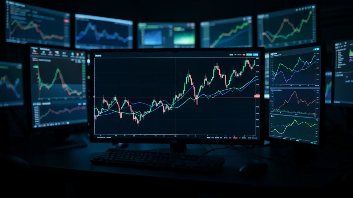 Bitcoin'ın geniş bir fiyat bandında salındığını ve gerileyen altcoin grafiklerini gösteren editoryal illüstrasyon