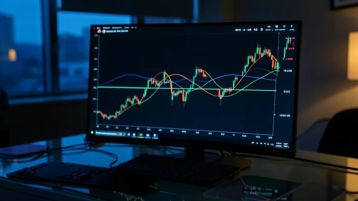 Karanlık bir ofiste ekranda Bollinger Bantları ve yatay direnç çizgisi görünen Bitcoin aylık fiyat grafiği.