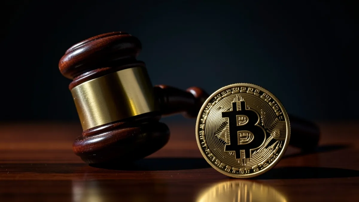 Mahkeme çekici ve bitcoin madeni parasının yan yana durduğu temsili görsel