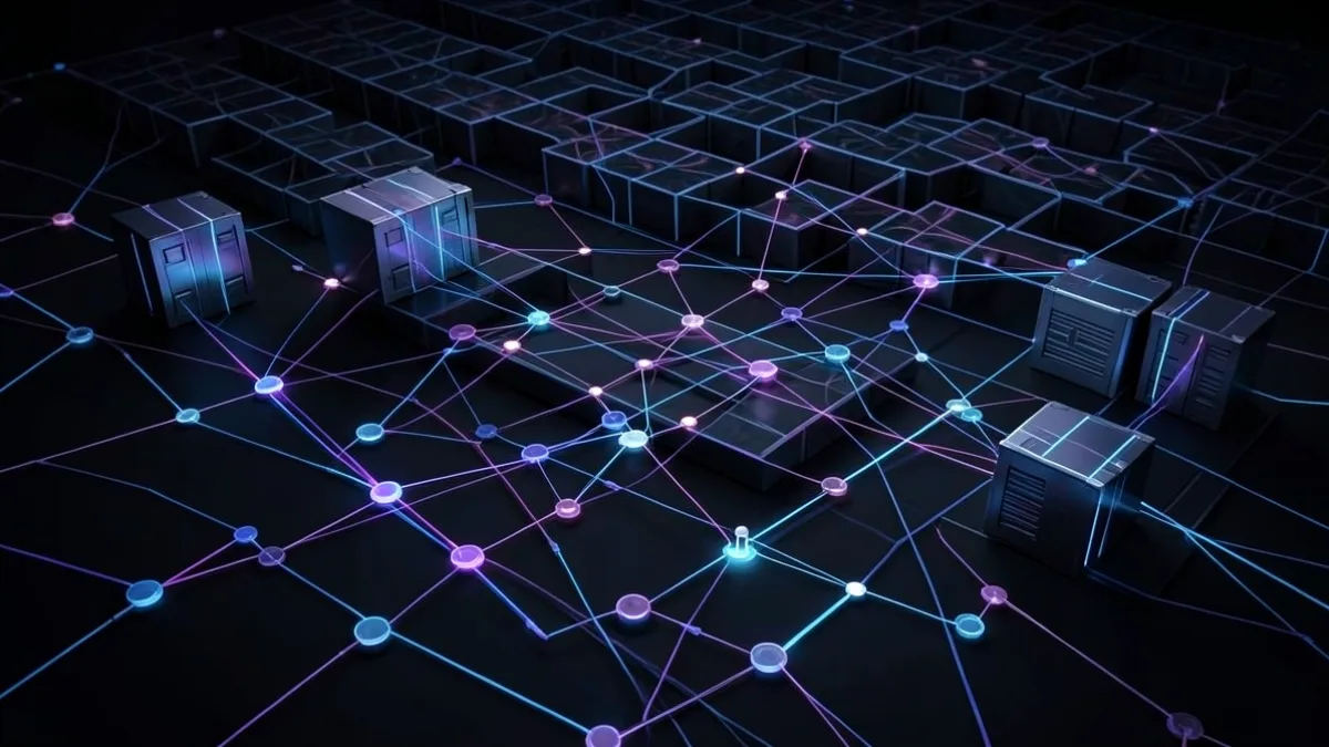 Veri düğümlerinin büyük bir blockchain ağına taşınmasını simgeleyen dijital görsel
