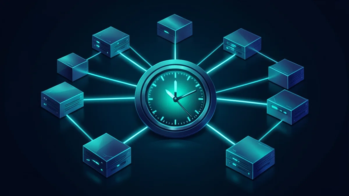 XRP Ledger doğrulayıcı ağını ve sıfırlanan geri sayımı temsil eden bağlantılı sunucu düğümleri illüstrasyonu